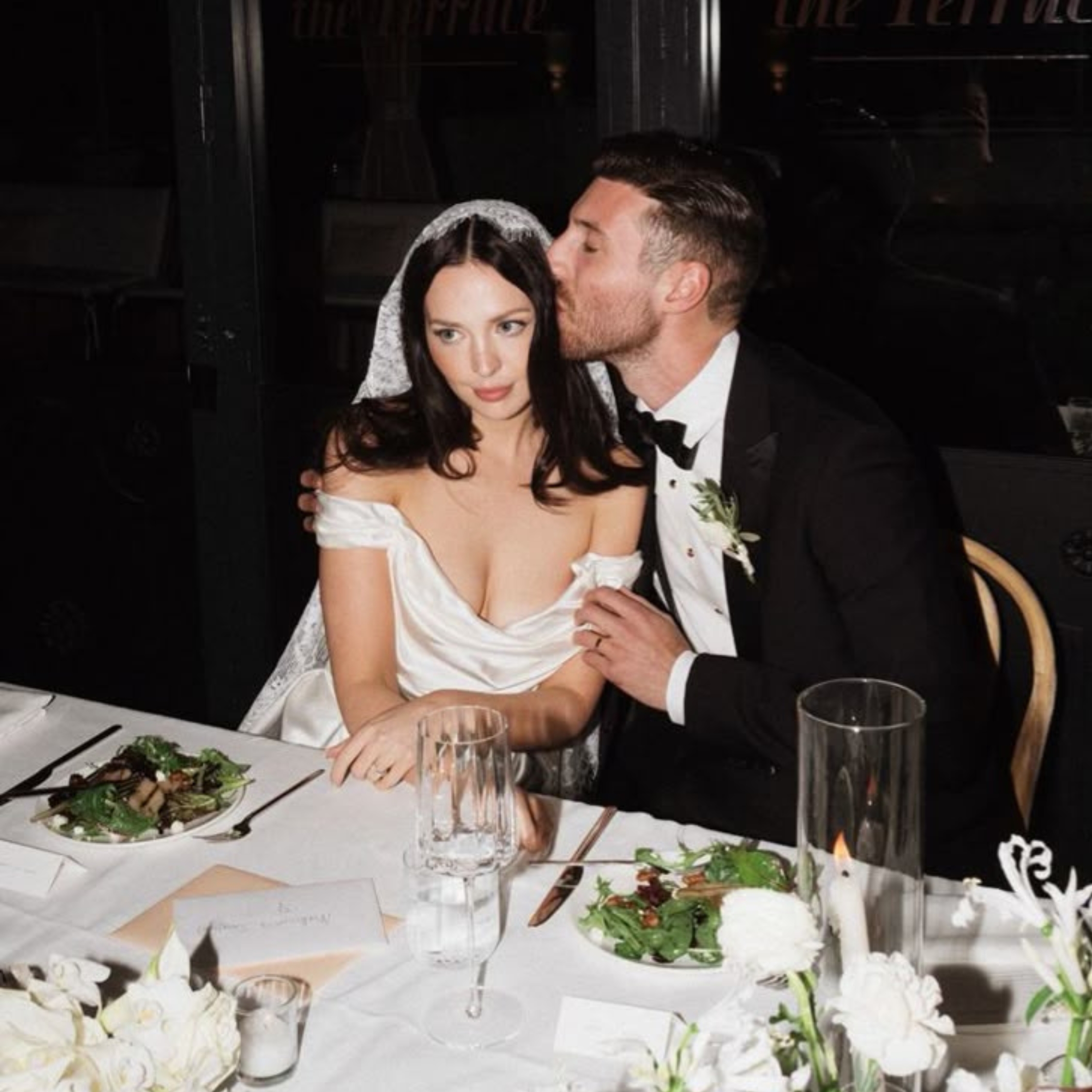 bride and groom at the reception dinner table