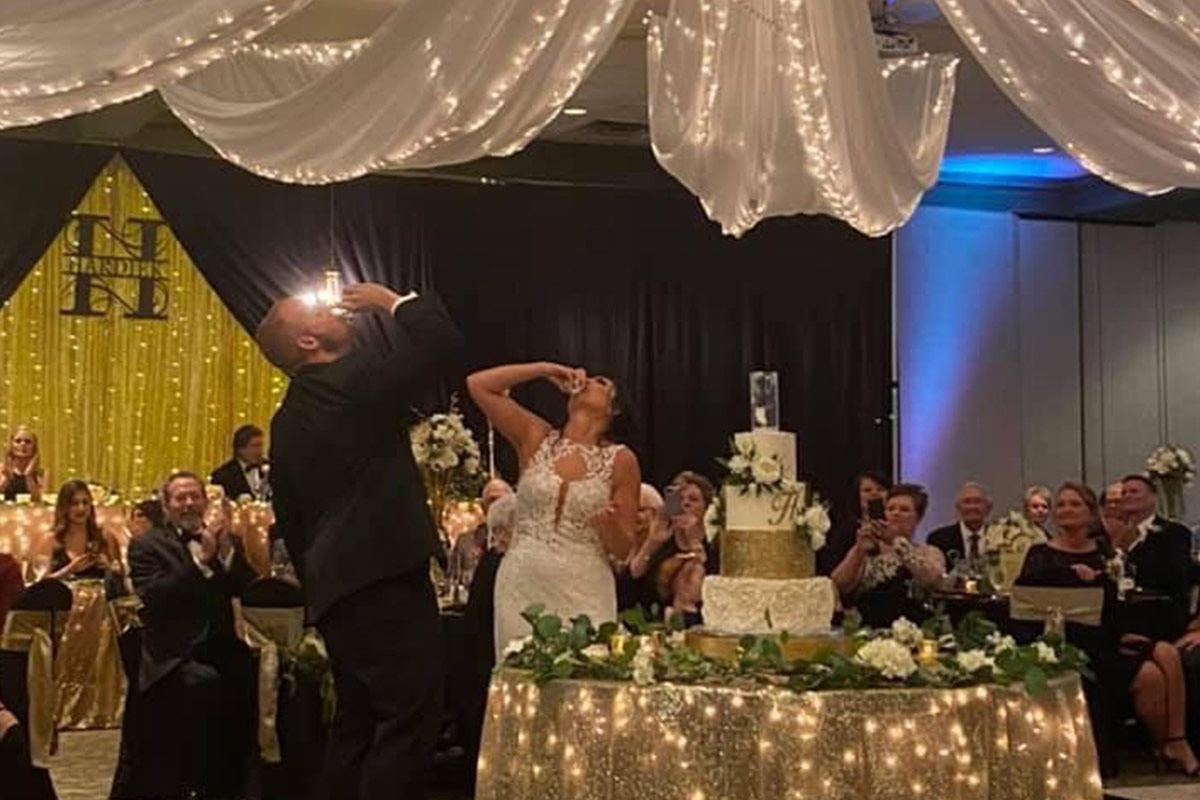 wedding couple taking a drink